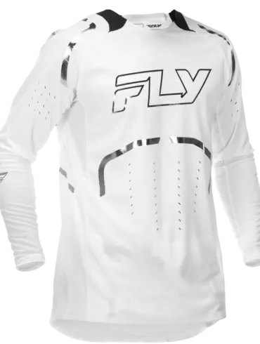 Weißes FLY Racing Evolution DST LE Flash Jersey mit silbernen Akzenten und Belüftungselementen.