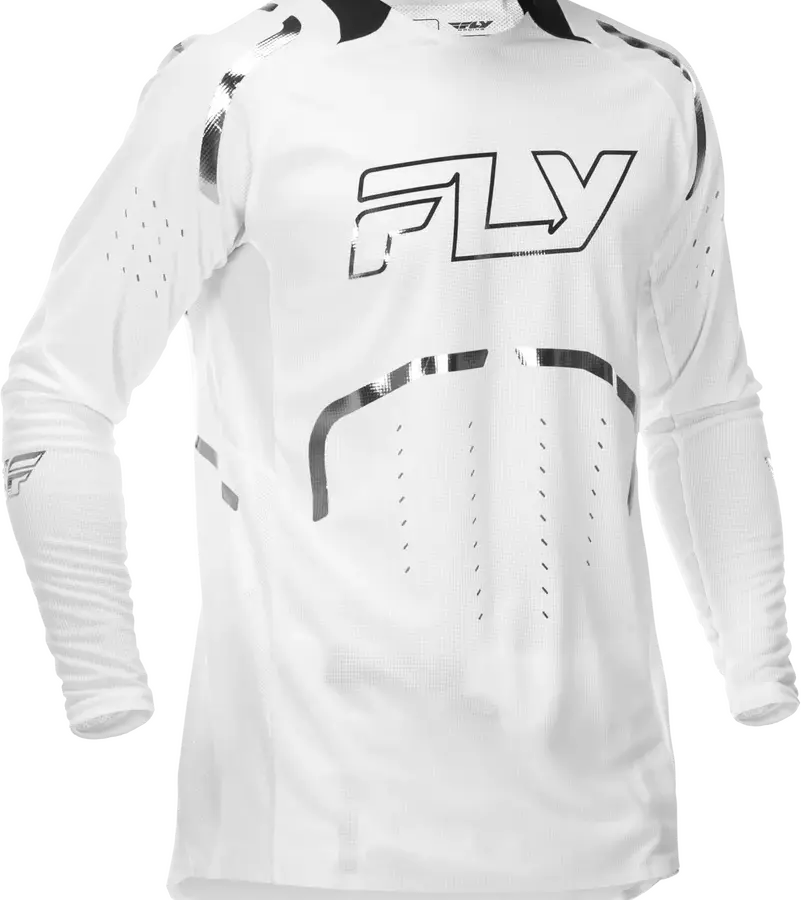 Weißes FLY Racing Evolution DST LE Flash Jersey mit silbernen Akzenten und Belüftungselementen.
