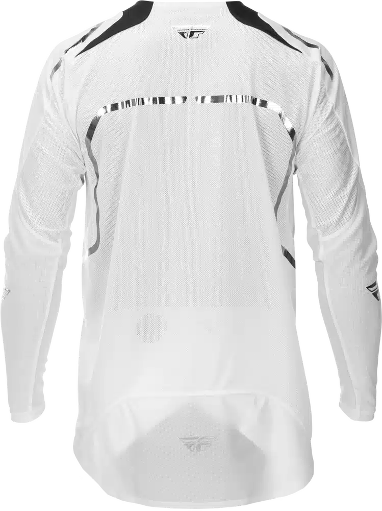 Rückseite eines weißen Evolution DST LE Flash Jerseys mit silbernen Akzenten und Mesh-Einsätzen.