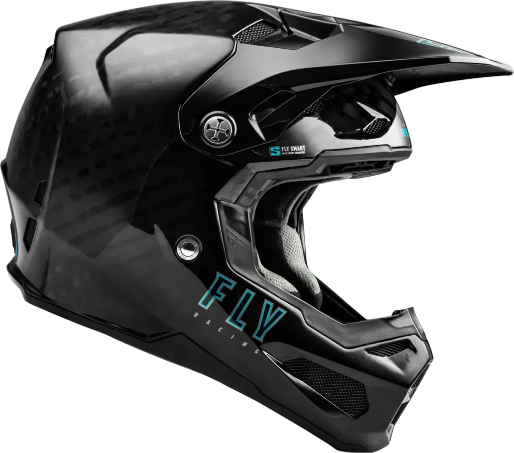Schwarzer Motocross-Helm aus 12K-Carbon mit Belüftung und modernem Design von FLY Racing