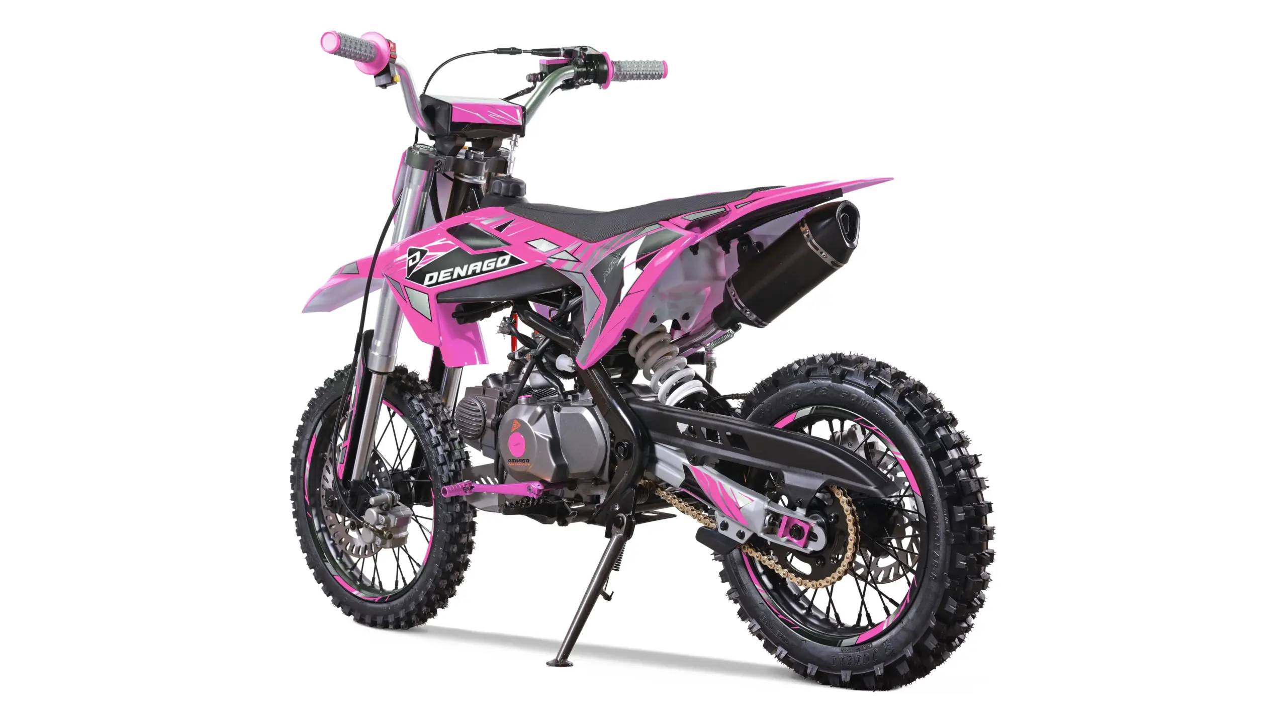 Denago MX1 Dirt Bike in Pink, Seitenansicht auf weißem Hintergrund