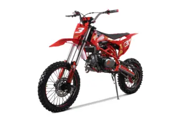 Rotes Denago MX3 Dirt Bike mit 140-cm³-Viertaktmotor und Offroad-Bereifung