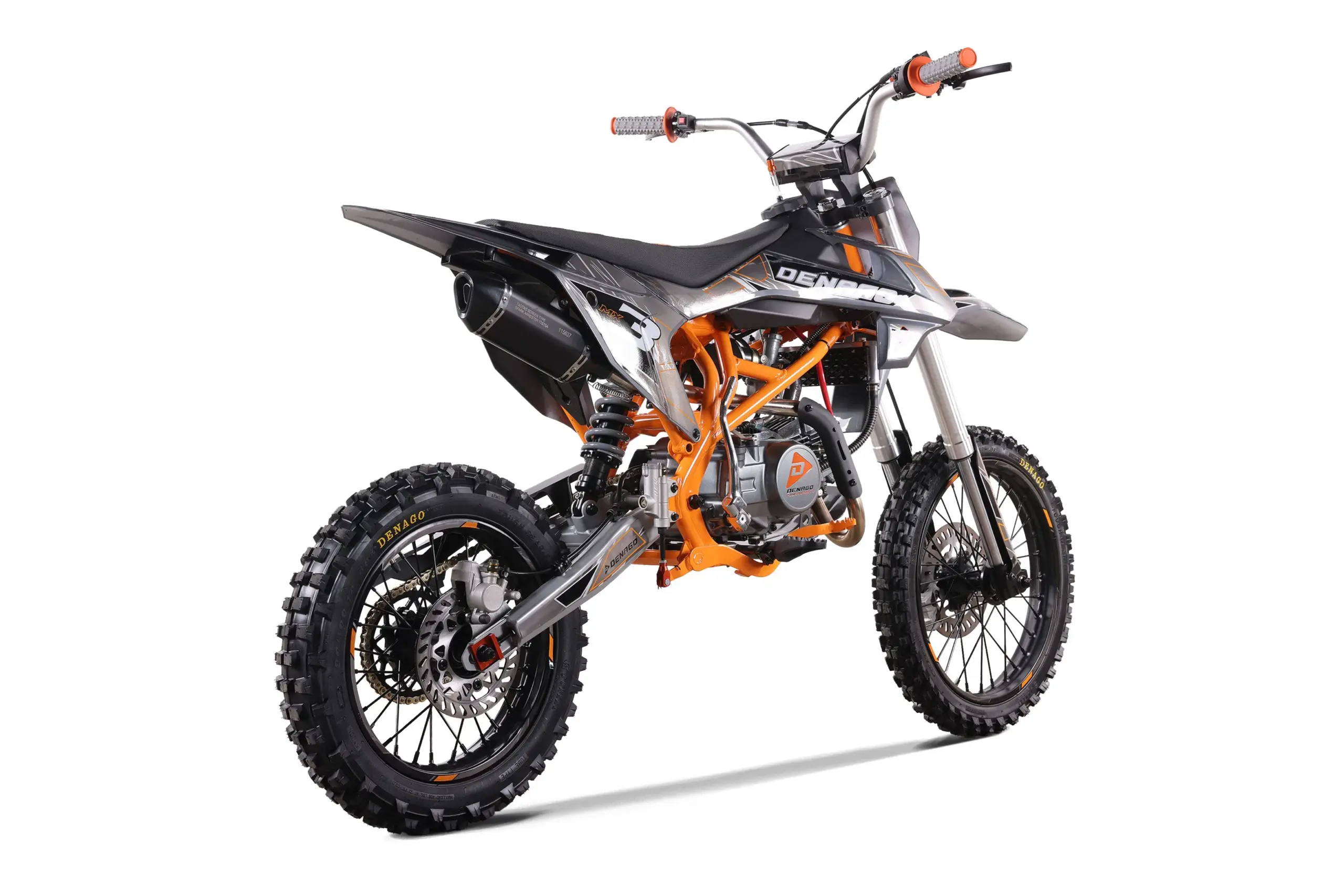 Denago MX3 Dirt Bike mit orangefarbenem Rahmen und grobstolligen Reifen, seitliche Ansicht