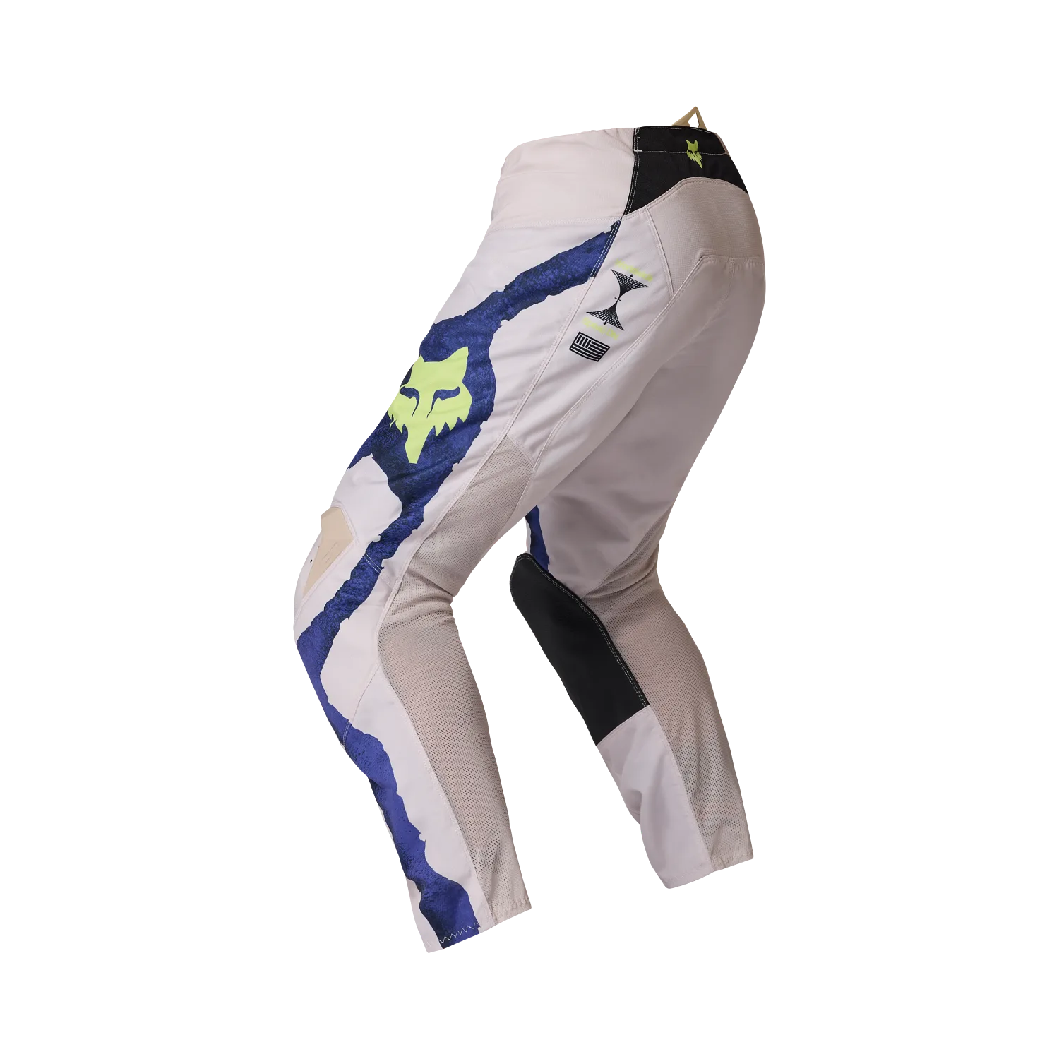 Seitenansicht der 180 Awareness Limited Edition Motocross-Hose in Kreideweiß mit blauen und gelben Akzenten.