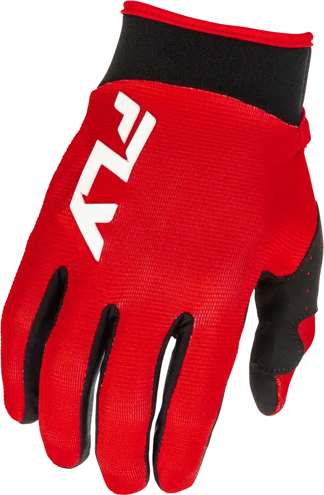 Roter F-16 Handschuh mit Fly Racing Logo und schwarzem Neoprenabschluss für Motorrad- und Fahrradfahrer.