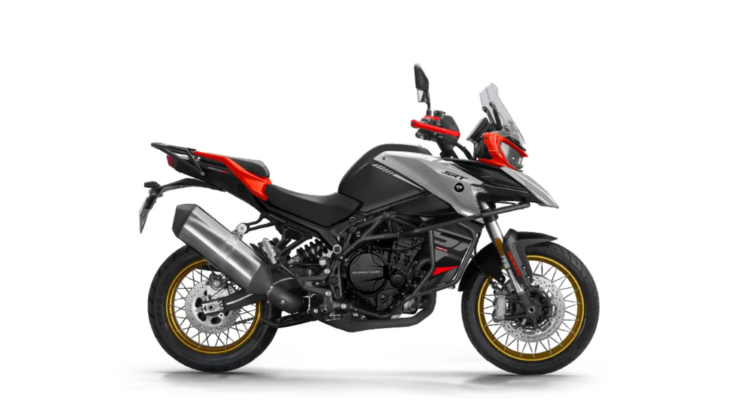 QJMotor SRT 900 SX Adventure-Motorrad, Seitenansicht in Silber/Rot mit goldenen Felgen
