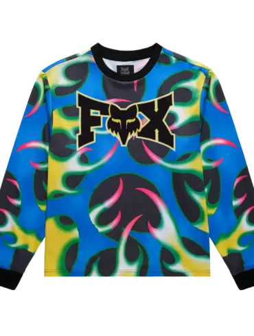 Fox Lab Quasi Flame Trikot mit vorne großem FOX-Logo und buntem Allover-Flammenmuster