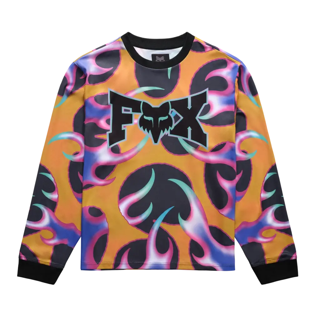 Fox Lab Quasi Flame Langarmtrikot mit mehrfarbigem Flammenmuster und zentralem FHeadX Logo