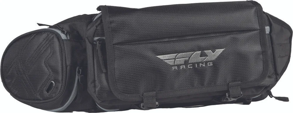 Schwarzer FLY Racing Tool Pack mit mehreren Fächern und reflektierendem Logo