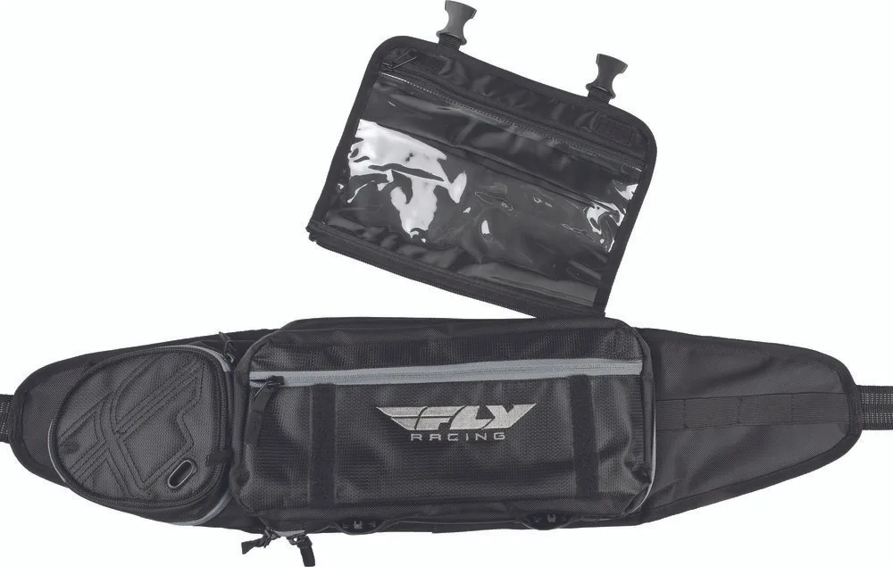 Fly Racing Tool Pack, schwarzer Werkzeuggürtel mit mehreren Fächern und herausnehmbarem Einsatz, ideal für Kurzausflüge und Offroad-Einsätze.