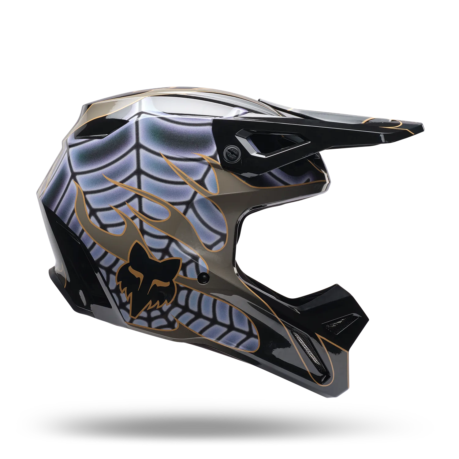 Fox Lab V1 Helm mit auffälligem Spinnennetz- und Flammendesign von der Seite