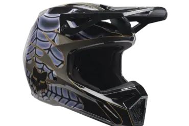 Fox Lab V1 Helm in Schwarz mit grafischem Muster von der Seite
