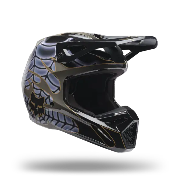 Fox Lab V1 Helm in Schwarz mit grafischem Muster von der Seite
