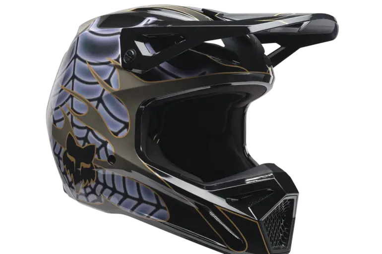 Fox Lab V1 Helm in Schwarz mit grafischem Muster von der Seite