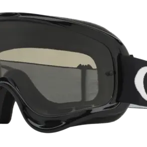 Oakley O-Frame MX Goggle in Schwarz mit dunklem Glas und breitem schwarzen Band mit weißem O-Logo, freigestellt.