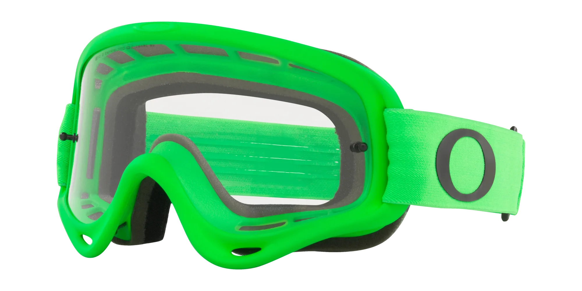 Oakley O-Frame MX Schutzbrille in leuchtendem Grün, seitliche Perspektive, mit flexiblem Rahmen und breitem elastischem Band.