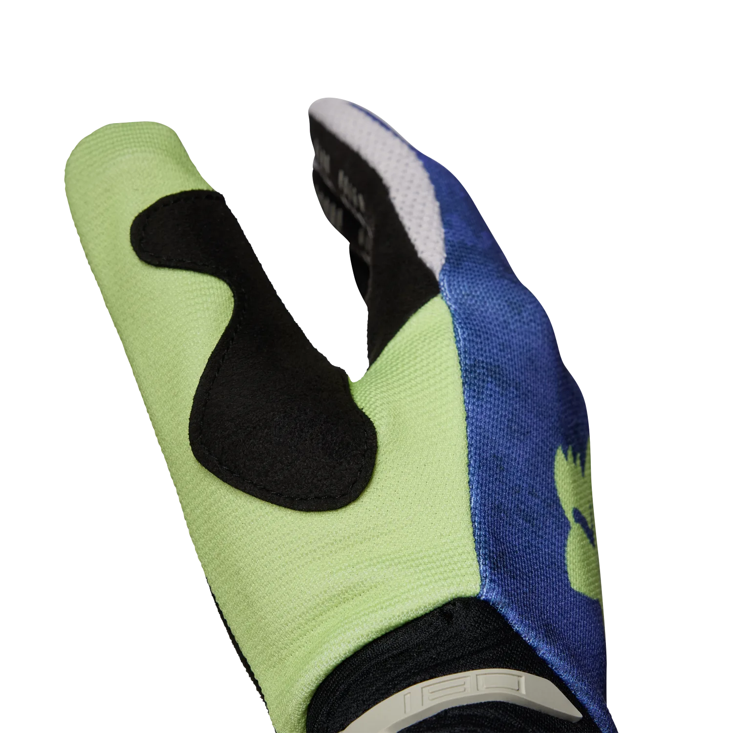 Detailaufnahme eines 180 Awareness Limited Edition Motocross-Handschuhs mit Clarino®-Handinnenfläche und blau-grünem Design.
