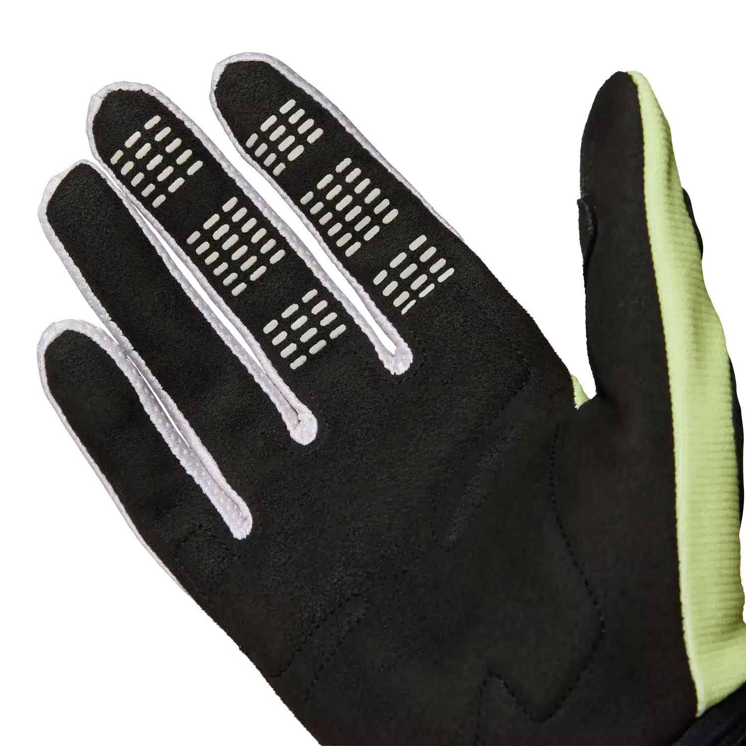 Nahaufnahme der Innenseite eines Motocross-Handschuhs mit Silikondruck auf den Fingerspitzen.
