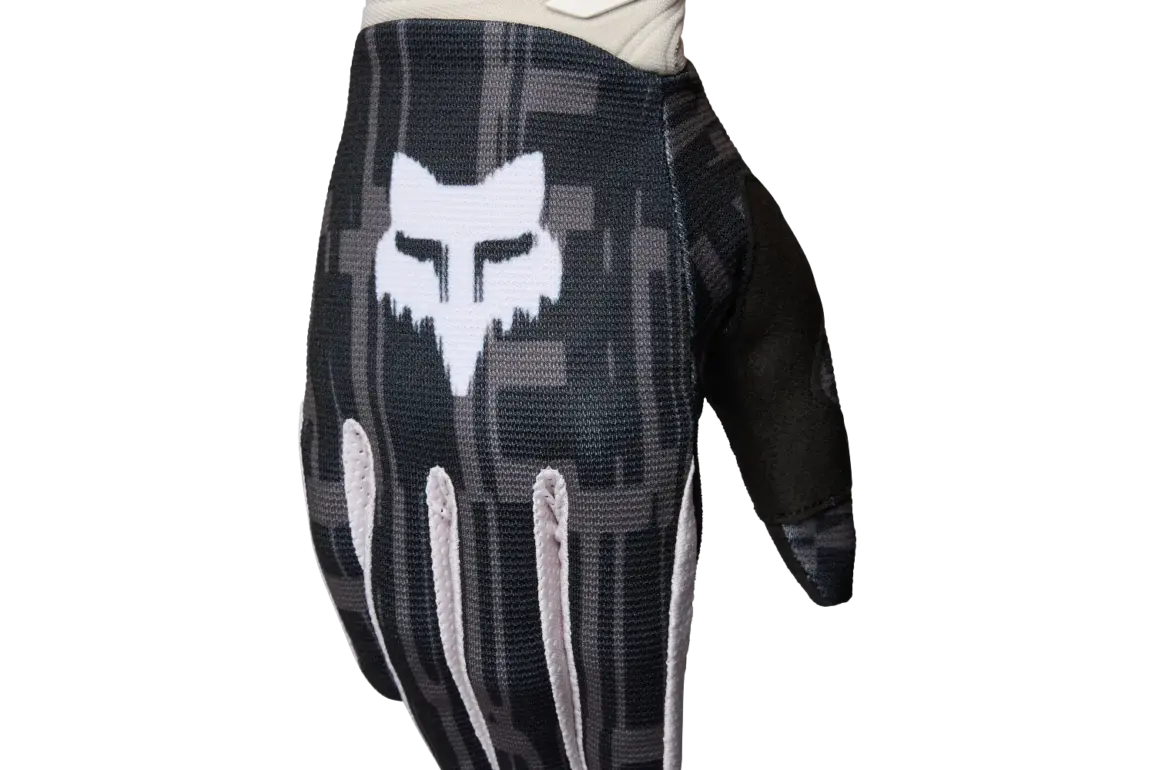 Schwarzer 180 Diffuse Special Edition Motocross-Handschuh mit weißem Fox-Logo und gepolsterter Handinnenfläche.