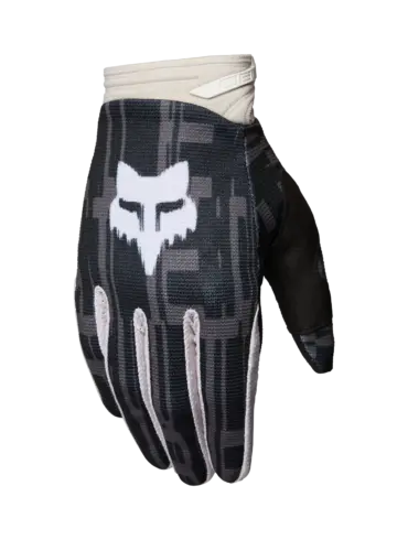 Schwarzer 180 Diffuse Special Edition Motocross-Handschuh mit weißem Fox-Logo und gepolsterter Handinnenfläche.