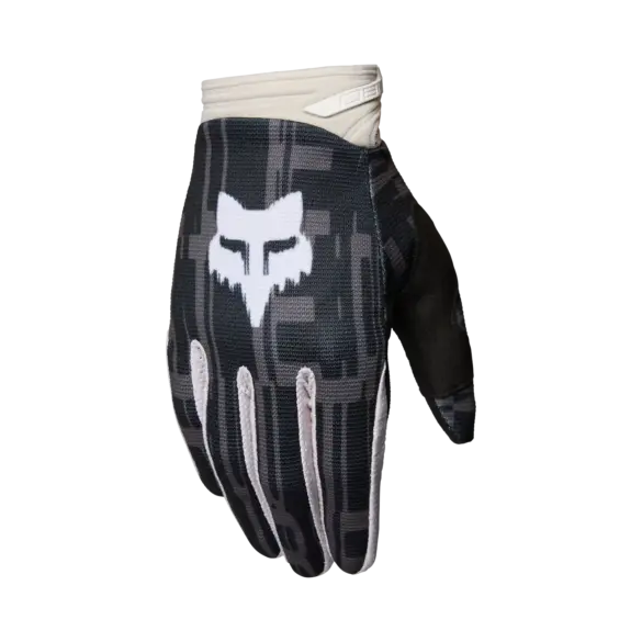 Schwarzer 180 Diffuse Special Edition Motocross-Handschuh mit weißem Fox-Logo und gepolsterter Handinnenfläche.