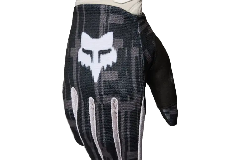 Schwarzer 180 Diffuse Special Edition Motocross-Handschuh mit weißem Fox-Logo und gepolsterter Handinnenfläche.