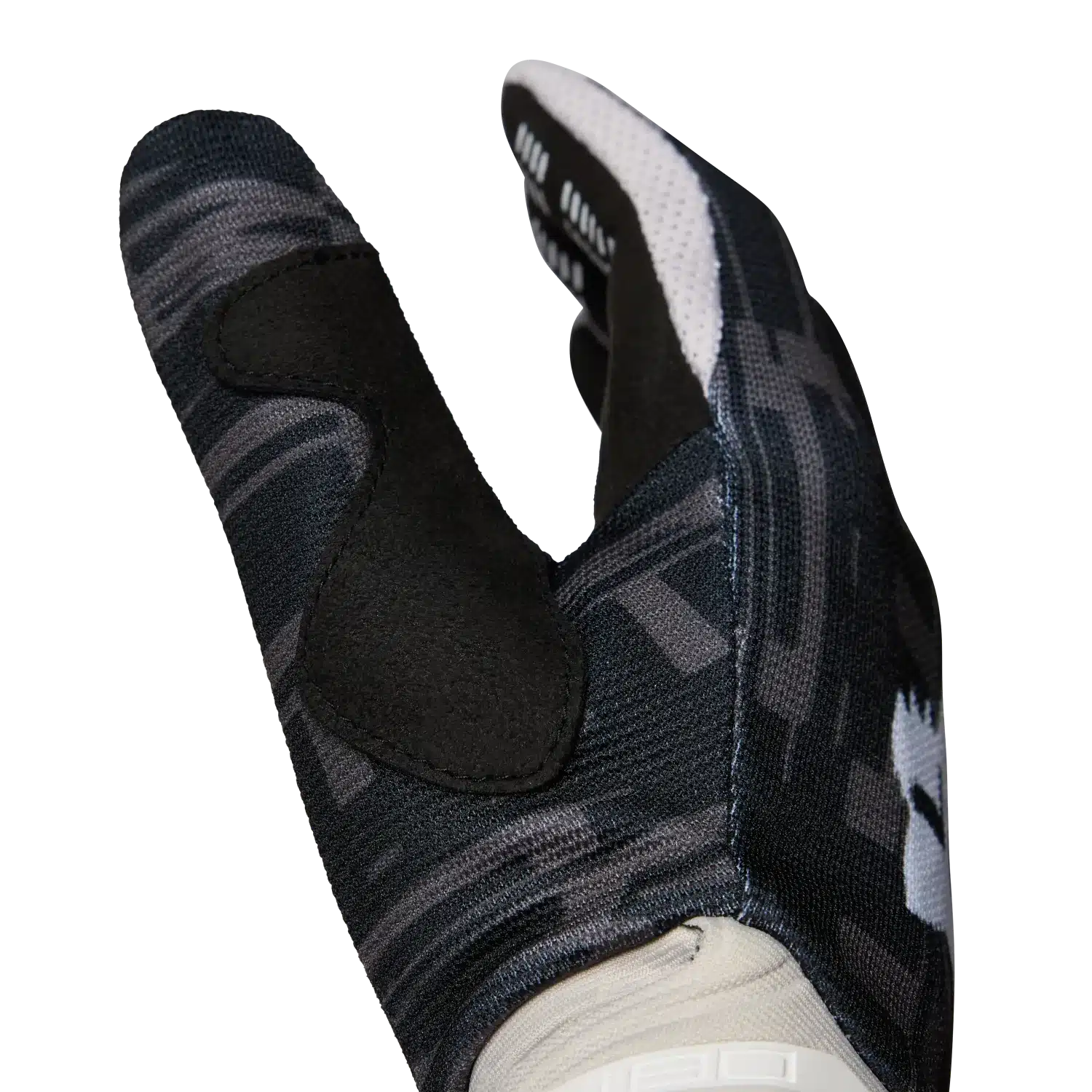 Nahaufnahme des 180 Diffuse Special Edition Motocross-Handschuhs mit gepolsterter Clarino®-Handinnenfläche und Silikondruck an den Fingerspitzen.
