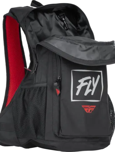 Schwarzer FLY Jump Pack Rucksack mit geöffnetem Hauptfach und Fronttasche, seitlichen Netzfächern und rotem Innenfutter.