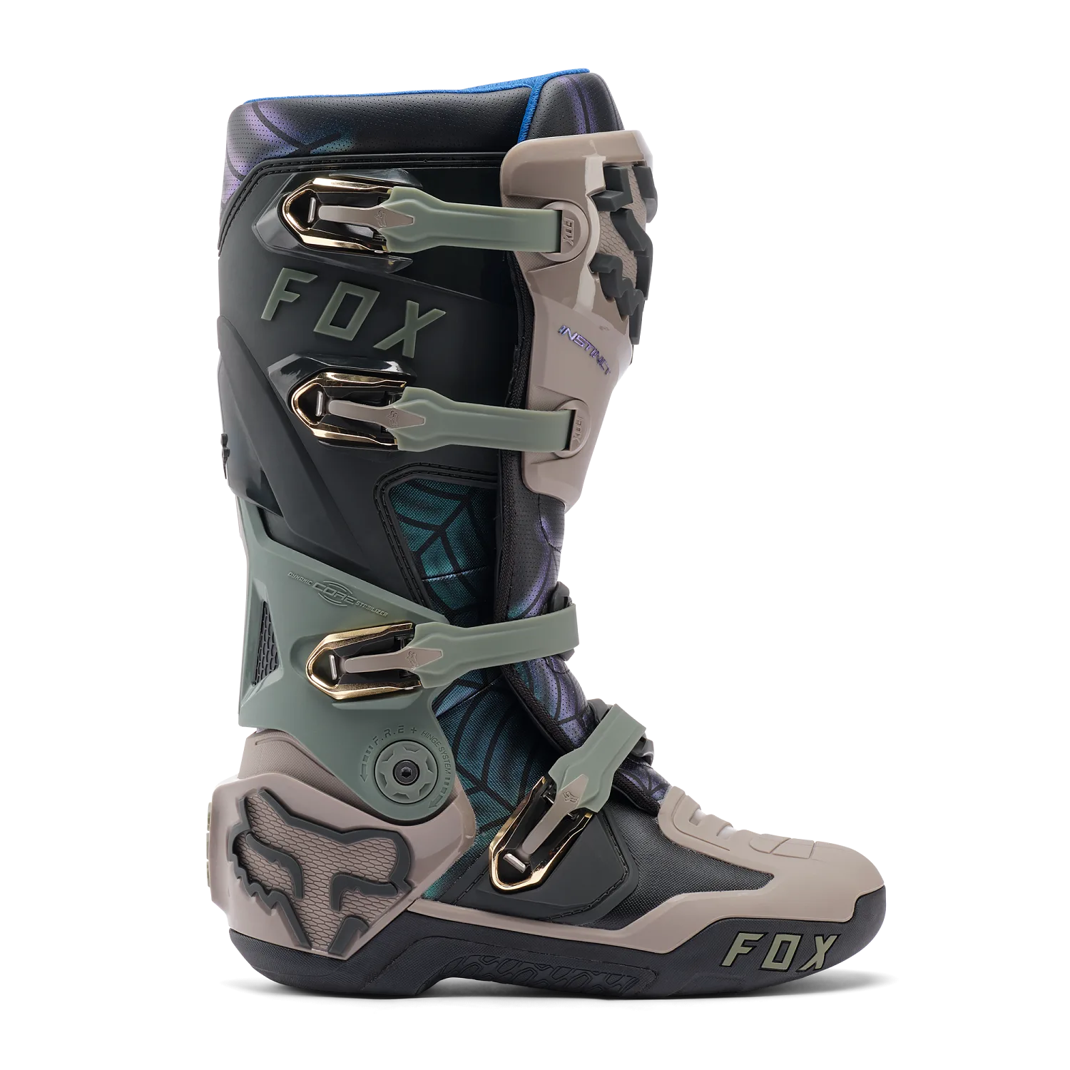 Motocross-Stiefel Fox Lab Instinct mit patentiertem Scharniersystem und robustem Materialmix.