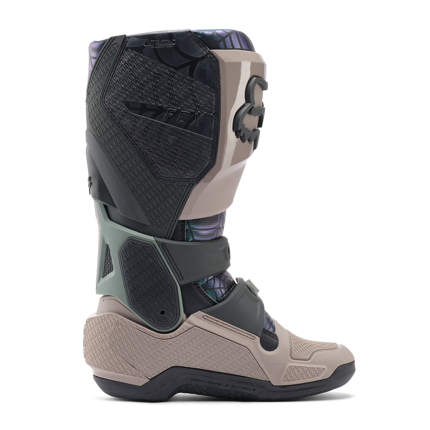 Motocross-Stiefel Fox Lab Instinct in Seitenansicht, Fokus auf Materialmix und Scharniersystem