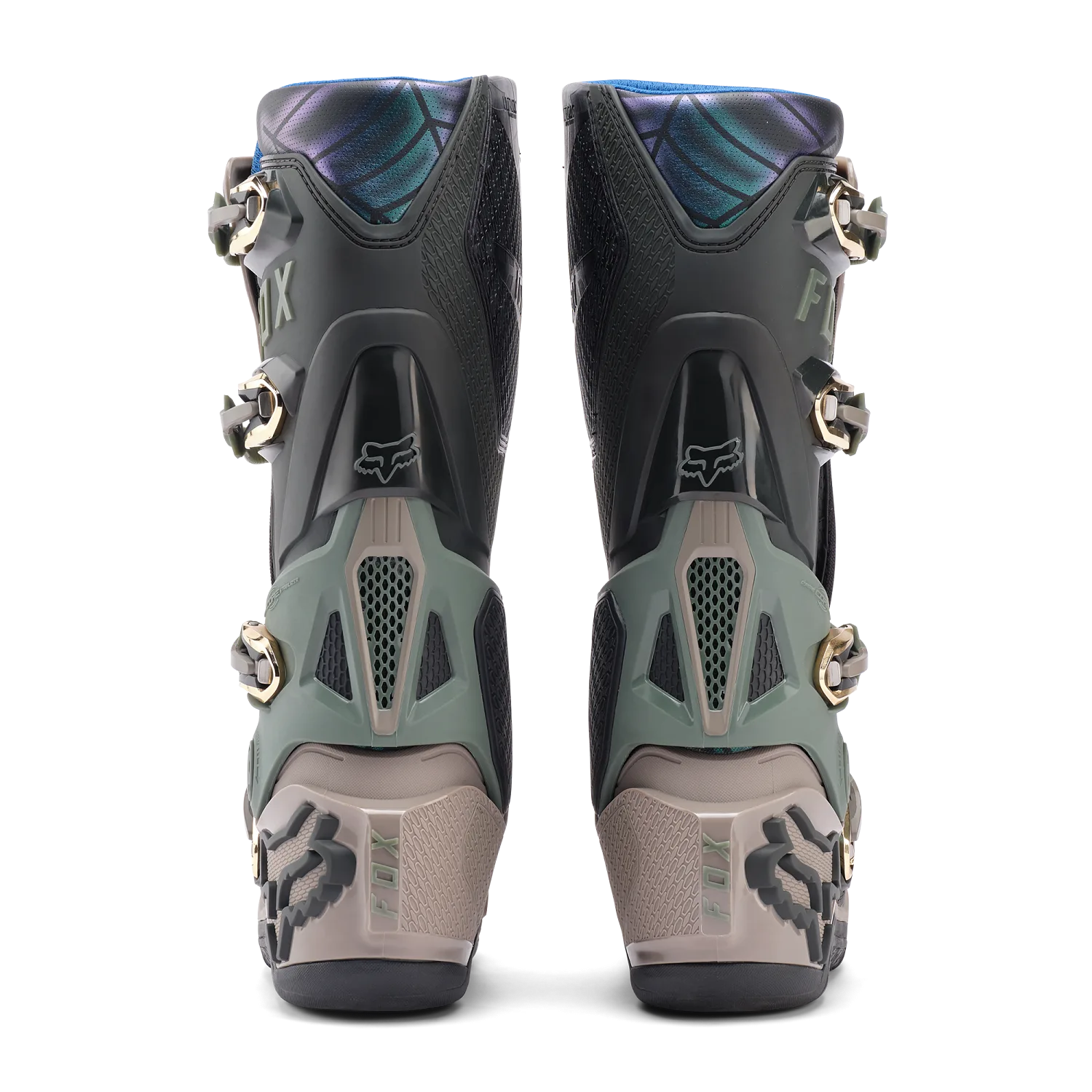 Rückansicht der Fox Lab Instinct Stiefel mit Verschlusssystem und markantem Schutzdesign.