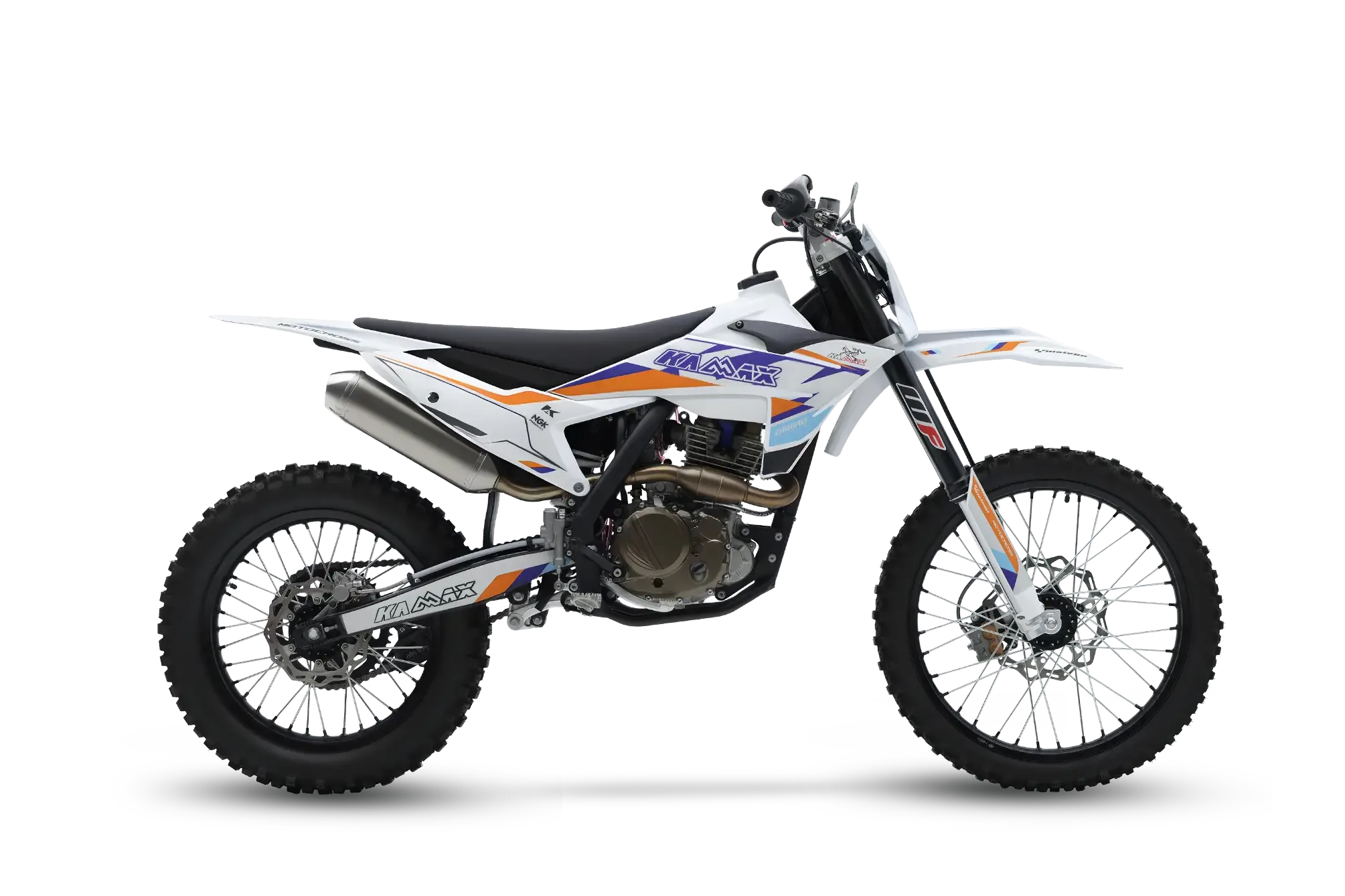 Kamax K85 4-Stroke 300 Enduro-Motorrad in Seitenansicht, weiß mit blauen und orangen Akzenten