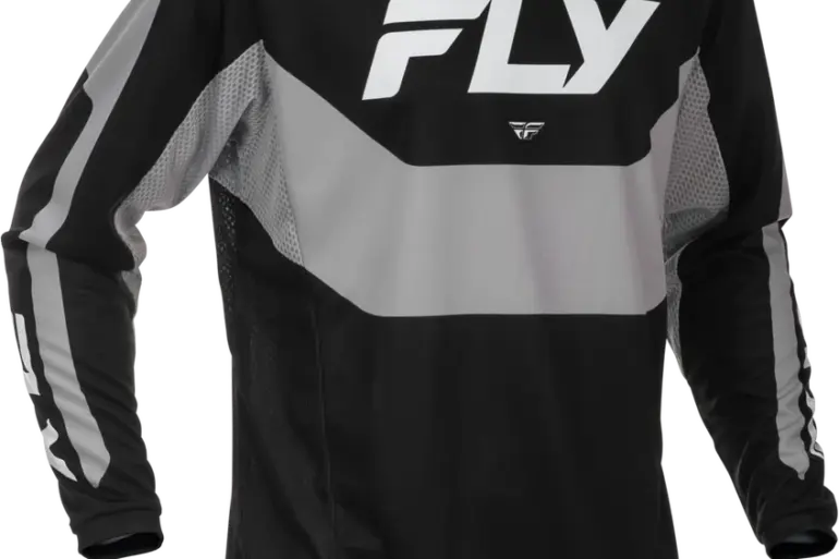 Motocross Trikot Kinetic Jersey 2026 in Schwarz/Grau von FLY Racing, Produktaufnahme frontal