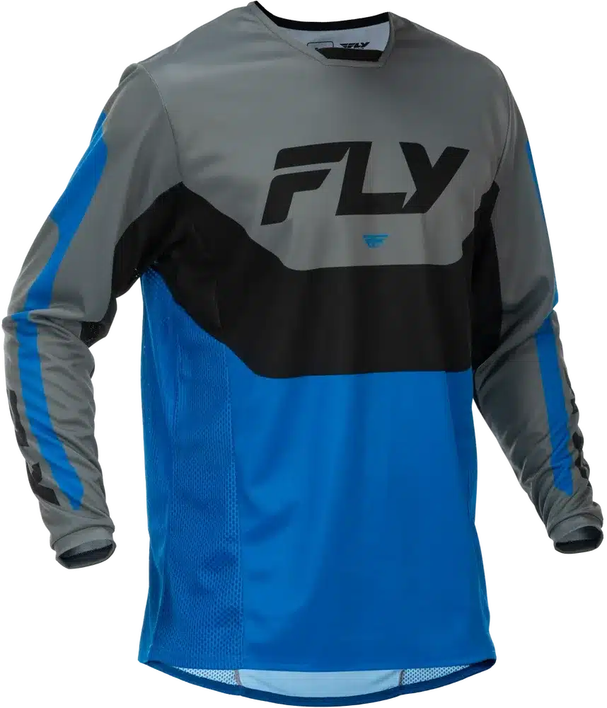 Fly Racing Kinetic Jersey 2026 in Blau/Grau/Schwarz, vorne gezeigt