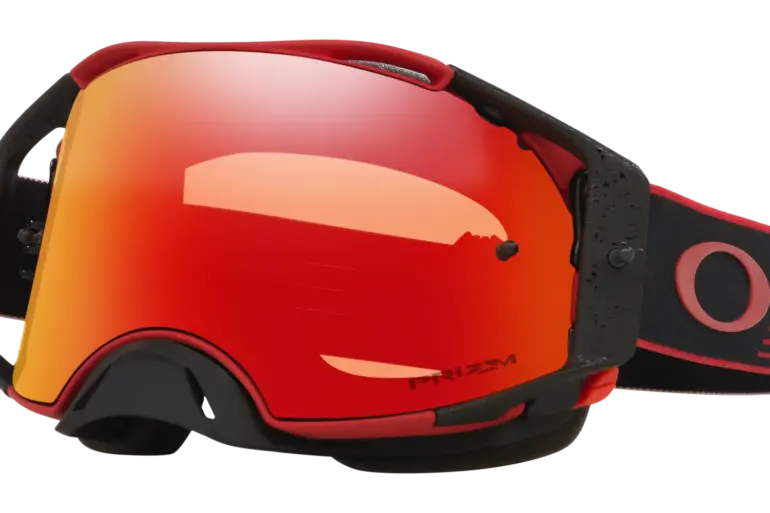 Motocross-Brille Oakley Airbrake MX mit roter Prizm MX Torch Iridium Scheibe und Red Motion Strap.
