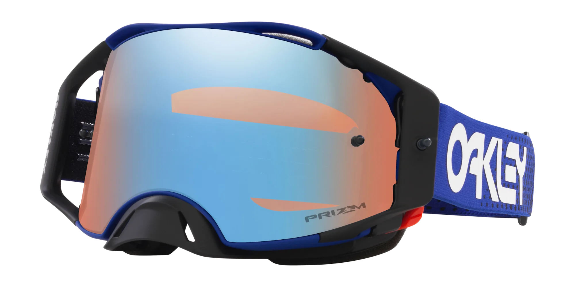 Oakley Airbrake MX Motocross-Brille mit Prizm MX Torch Iridium Glas und blauem Red-Motion-Strap, Vorderansicht.