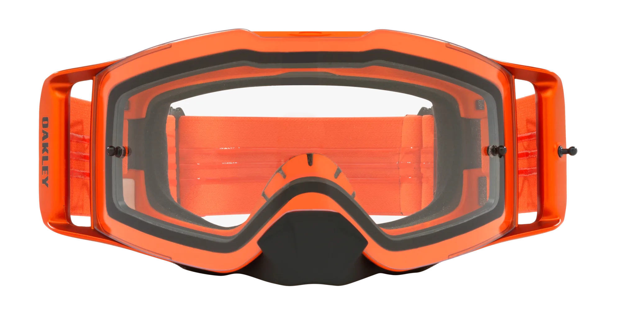 Oakley Front Line MX Crossbrille in auffälligem Orange mit klarem Sichtglas und Nasenschutz – Frontansicht.