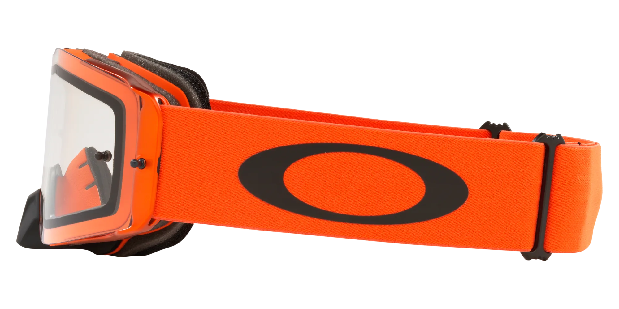 Seitenansicht der Oakley Front Line MX Motocross-Goggle in Orange mit breitem, silikonbeschichtetem Band
