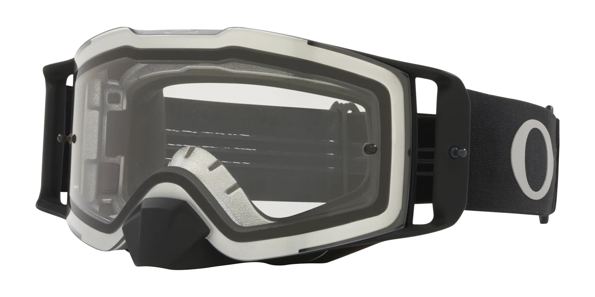 Oakley Front Line MX Crossbrille mit abnehmbarem Nasenschutz und schwarzem Band, freigestellt vor weißem Hintergrund.