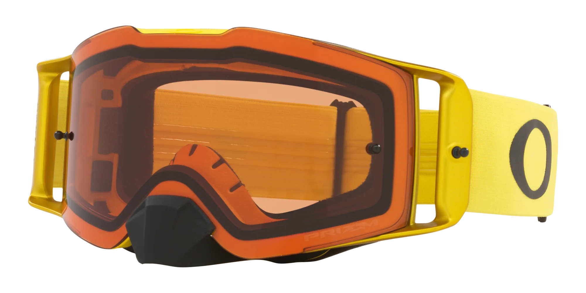 Oakley Front Line MX Motocross-Brille mit gelbem Rahmen und orangefarbener Linse, Vorderansicht auf weißem Hintergrund.