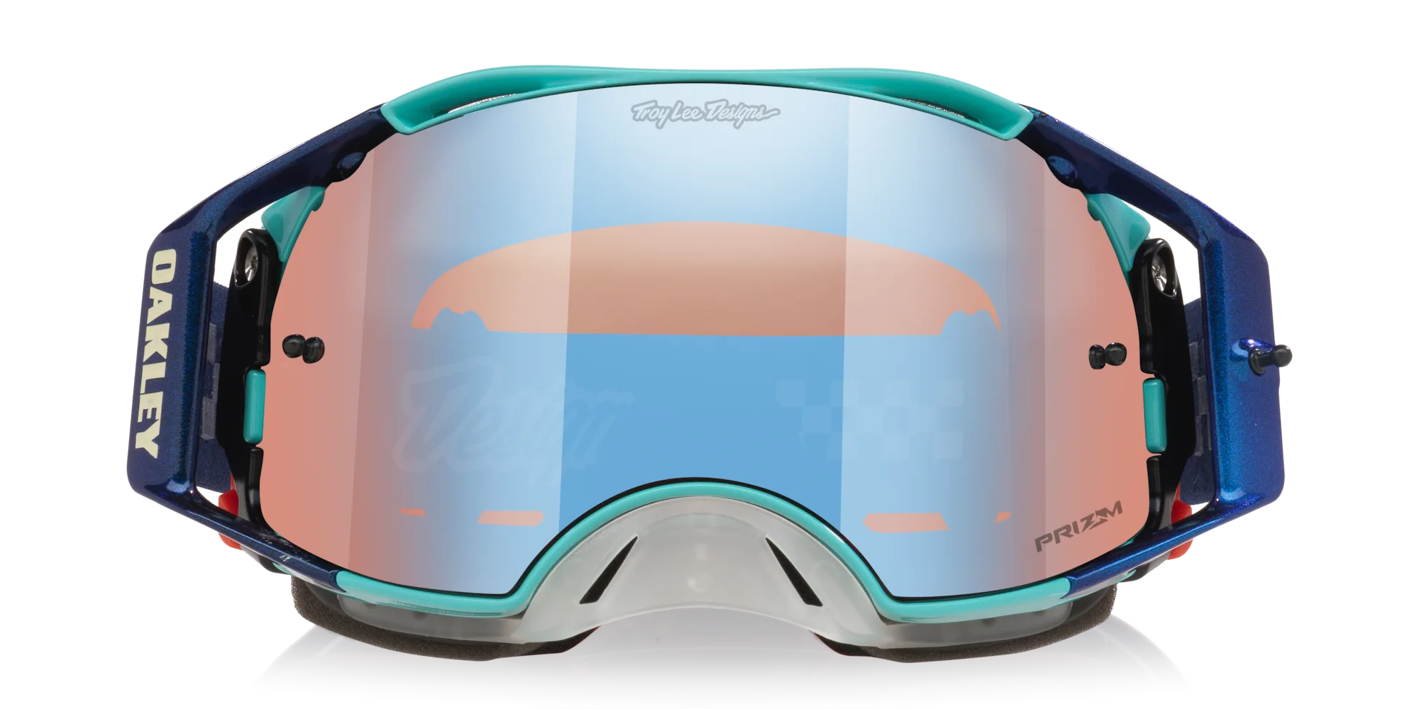Oakley Airbrake MX Troy Lee Designs Motocross-Brille mit weiß-blauem Band und Prizm MX Low Light Glas, Frontansicht.