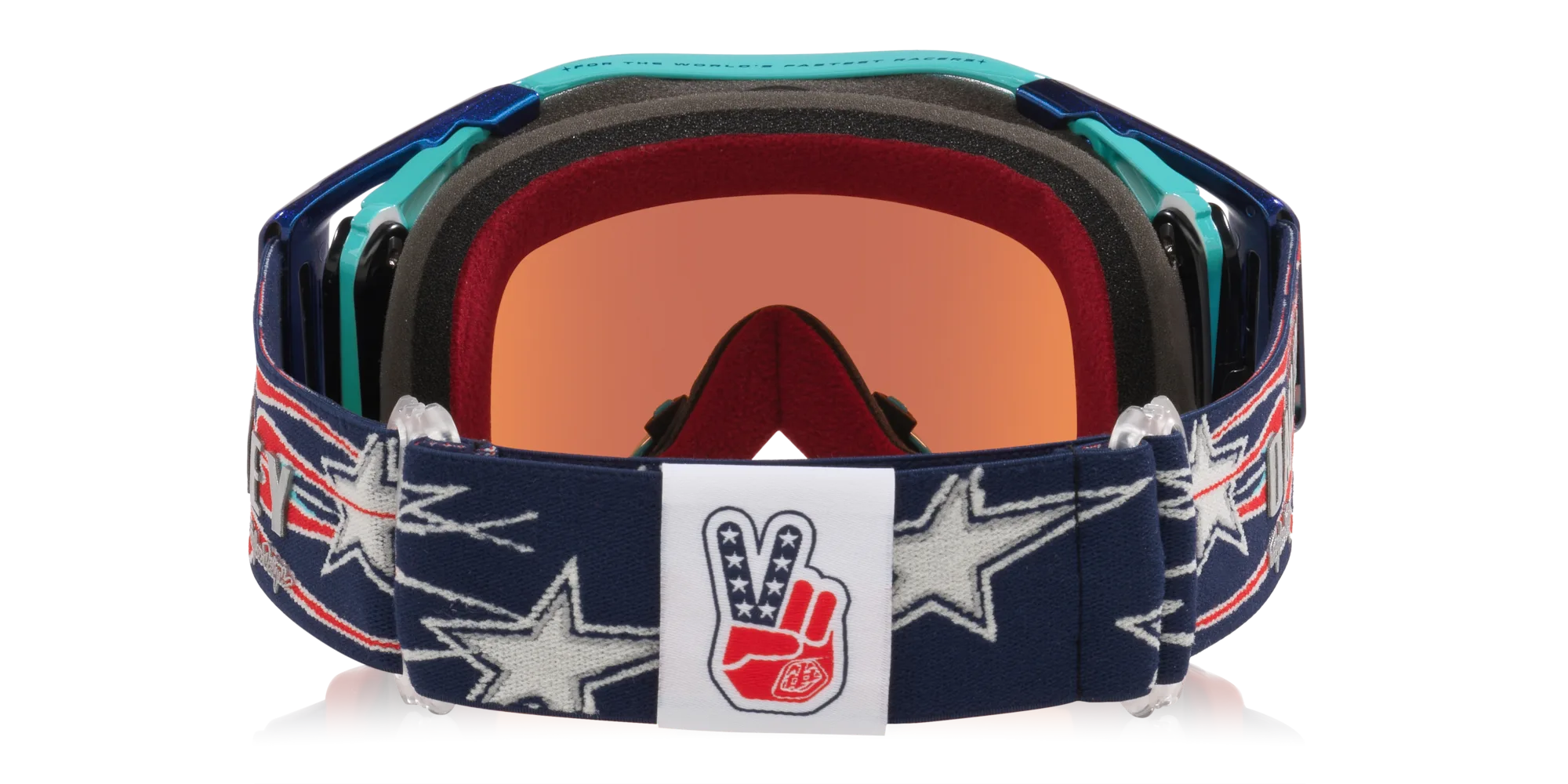Oakley Airbrake MX Troy Lee Designs White Blue Stars Motocross-Brille von hinten mit farbigen Schaumstoffschichten und blau-weißem Sternenband.