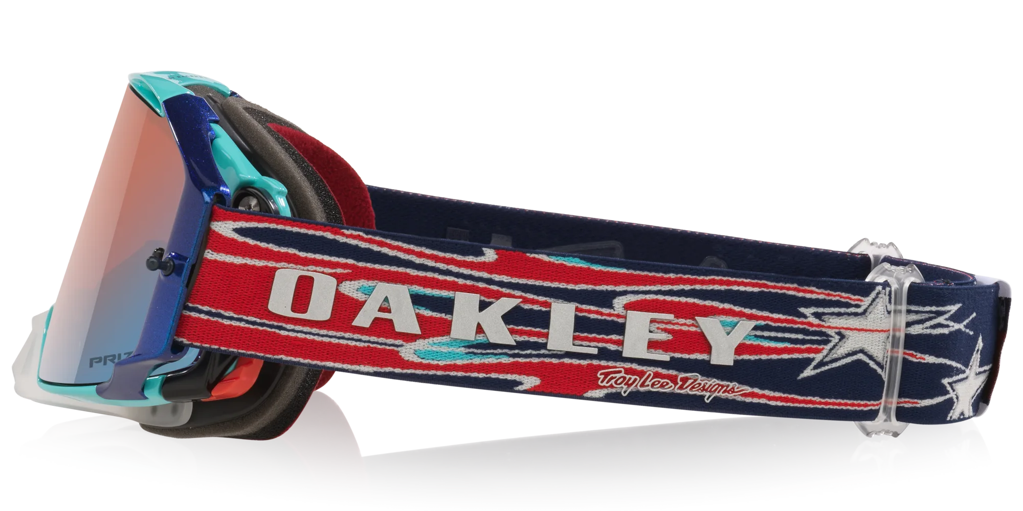 Oakley Airbrake MX Troy Lee Designs Motocross-Brille White Blue Stars mit Prizm MX Low Light Glas seitlich fotografiert