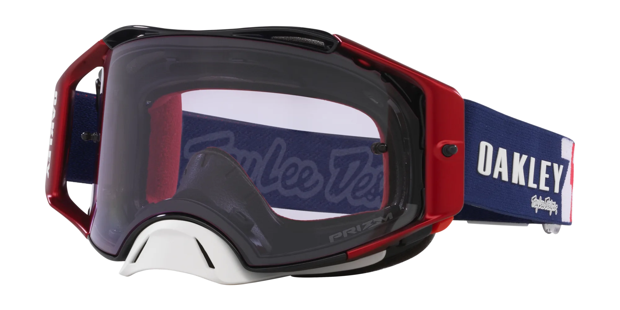 Oakley Airbrake MX Troy Lee Designs White Blue Stars Motocross-Brille mit blau-weißem Band und Prizm MX Low Light Glas, frontal fotografiert.