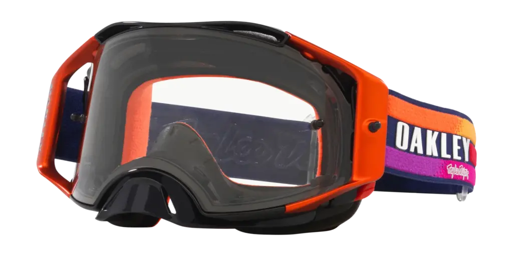 Motocross-Brille von Oakley, orangefarben, mit violett-orange-gelbem Band und dunklem Glas