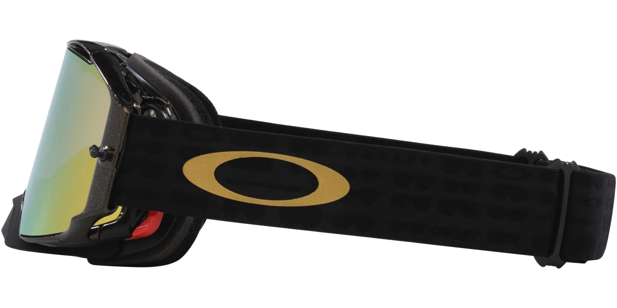 Oakley Airbrake MX Motocross-Brille, Seitenansicht mit goldfarbener 24K-Iridium-Linse und schwarzem Band mit goldenem Logo.