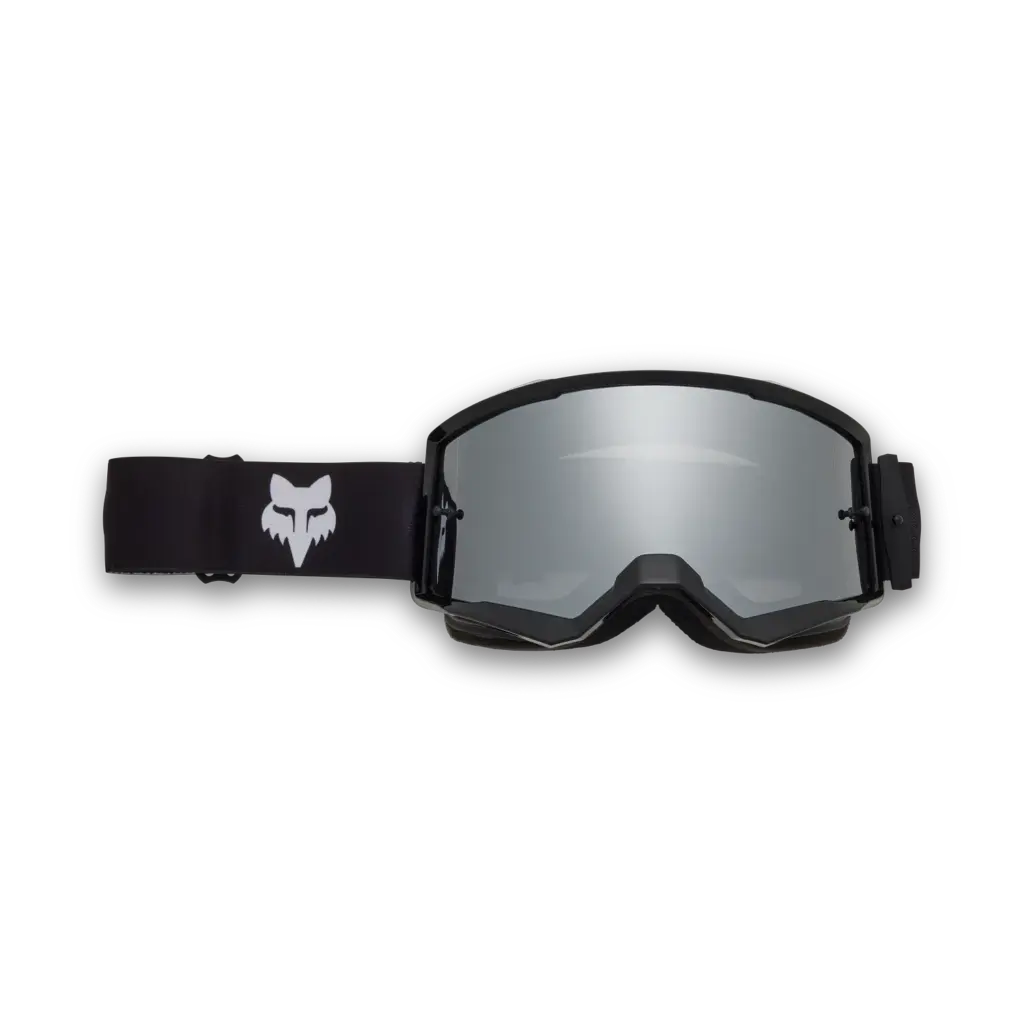 Motocross-Schutzbrille Fox Main mit verspiegelter Scheibe und schwarzem Band mit weißem Fox-Logo, von vorne fotografiert