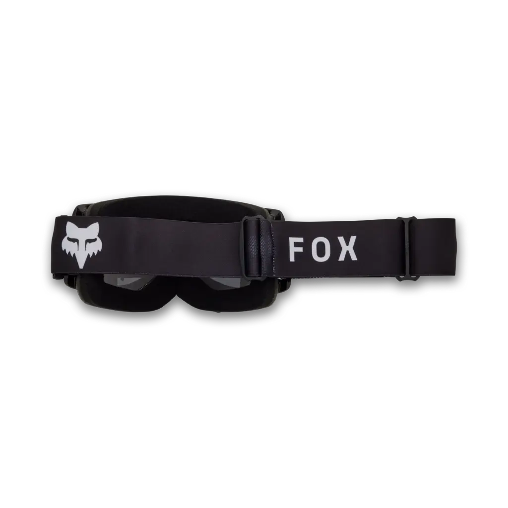 Motocross-Brille Fox Main von hinten mit sichtbarem elastischem Gurt, Fox-Schriftzug und Logo.