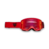 Rote Motocross-Brille mit verspiegelter Sichtscheibe und schwarzem Fuchslogo auf dem Band