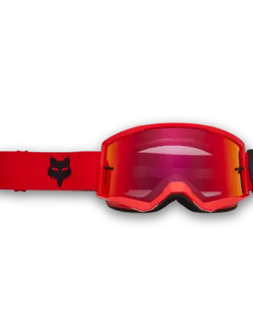 Rote Motocross-Brille mit verspiegelter Sichtscheibe und schwarzem Fuchslogo auf dem Band